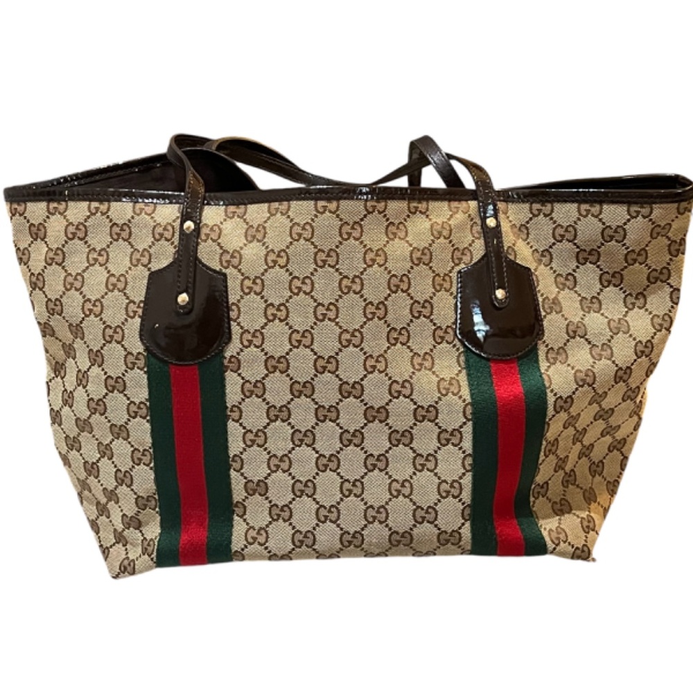 GUCCI Tote Bag Jolie Vintage Sherry Line Brown Canvas Classic Red Green Stripes - Picture 2 of 16